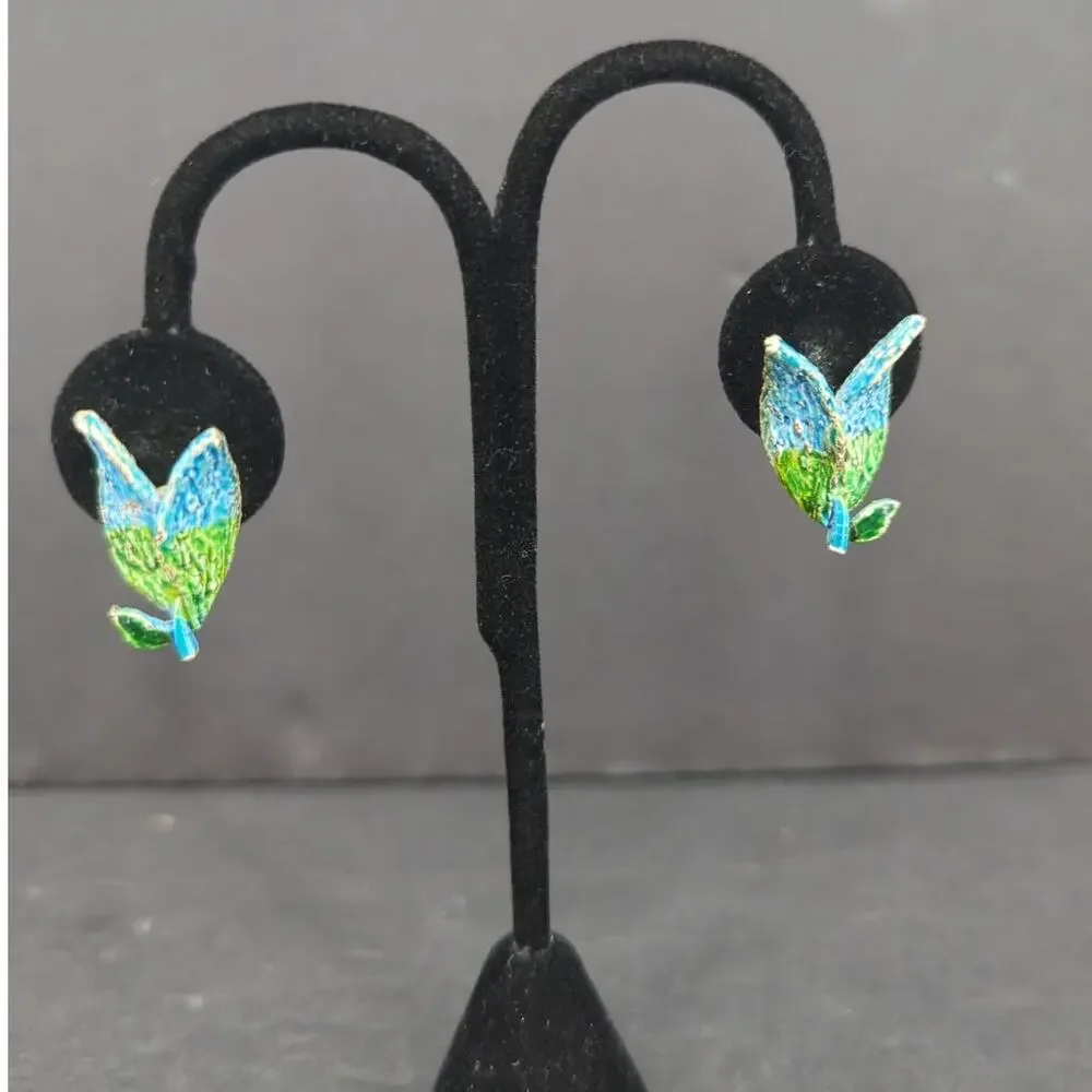 Handmade Blue & Green Leaf Paper Mache Clip On Dangle Earrings Retro Fairycore